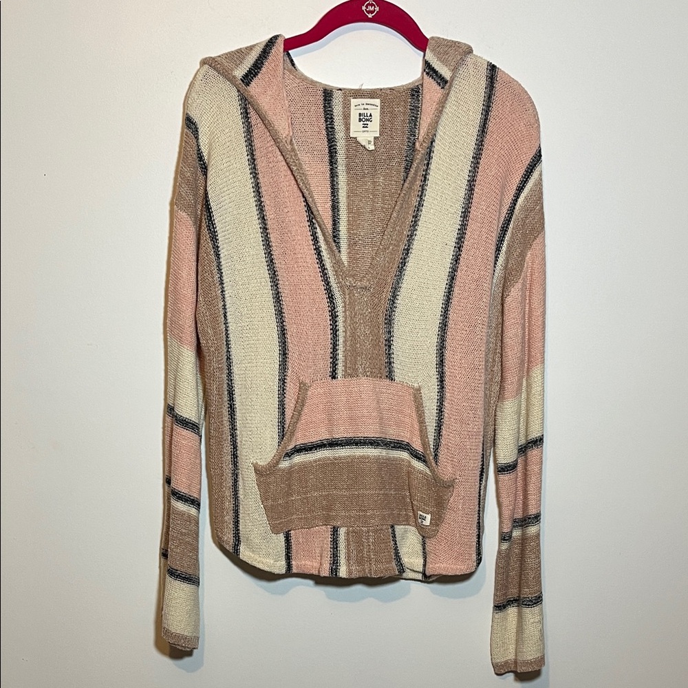 Billabong Women's V-Neck Striped Sweater - Pink, Brown, and Cream